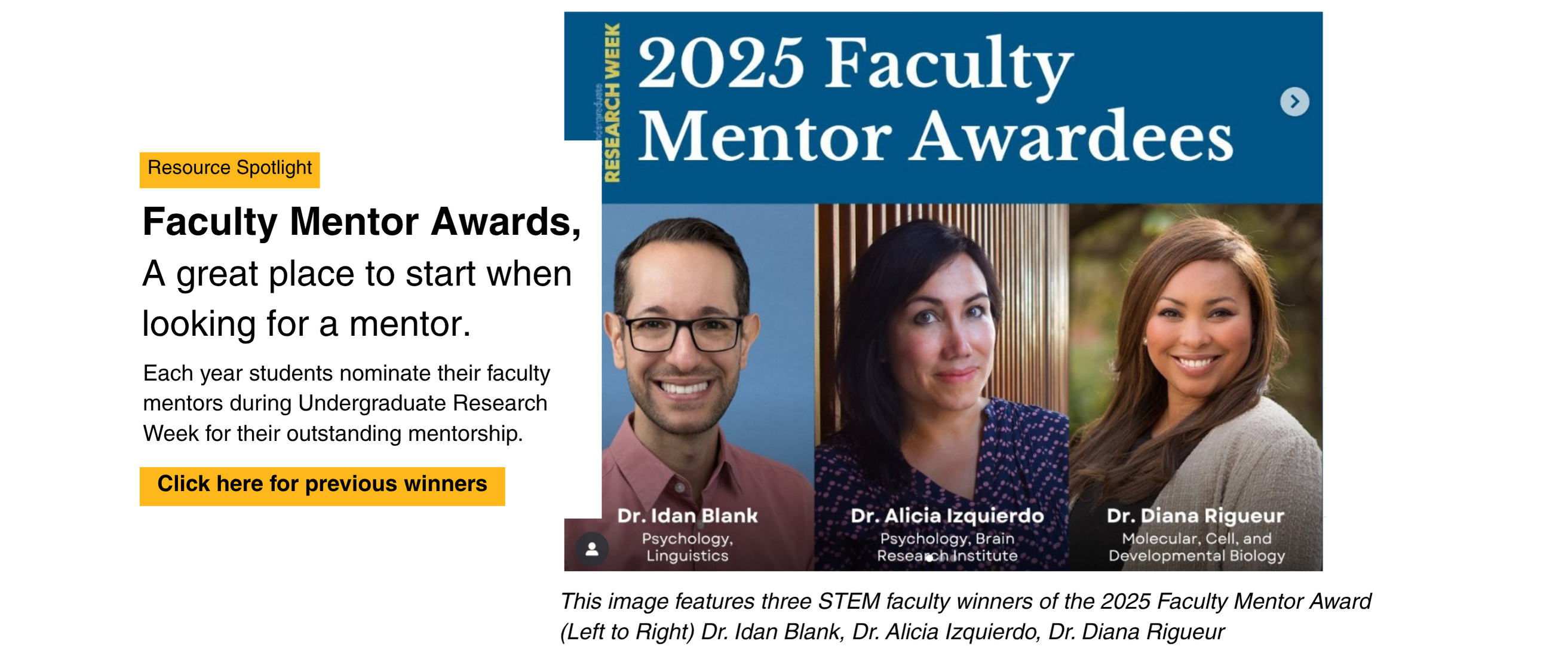 Resource Spotlight: Faculty Mentor Awards, A great place to start when looking for a mentor. Each year students nominate their faculty mentors during Undergraduate Research Week for their outstanding mentorship. Click here for previous winners. This image features three STEM faculty winners of the 2025 Faculty Mentor Award (Left to Right) Dr. Idan Blank, Dr. Alicia Izquierdo, Dr. Diana Rigueur