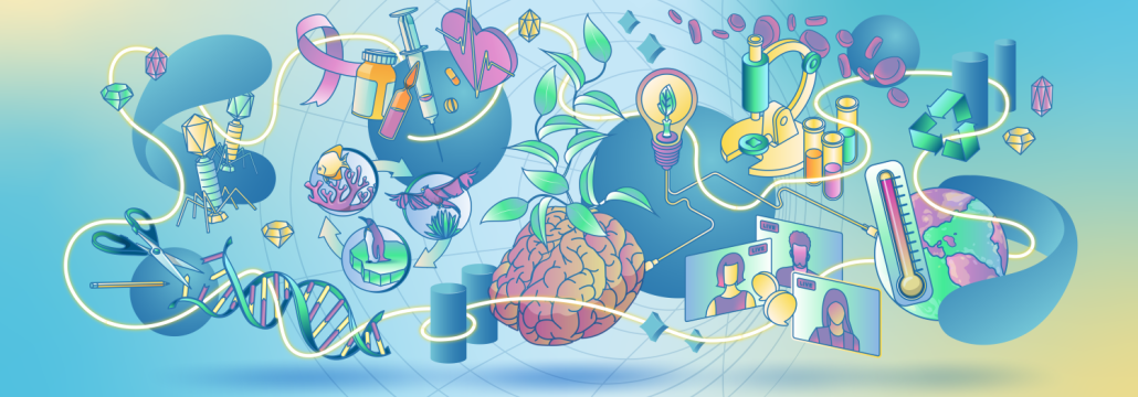 An illustration of a pencil, scissors, a DNA molecule, a fish, a bird, a penguin, medical supplies, a heart, a brain, leaves, a light bulb, a microscope, laboratory testing tubes, three screens depicting people in a virtual meeting, a thermometer, planet Earth and a recycling sign in front of a blue and yellow background.