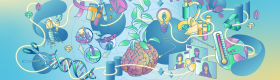 An illustration of a pencil, scissors, a DNA molecule, a fish, a bird, a penguin, medical supplies, a heart, a brain, leaves, a light bulb, a microscope, laboratory testing tubes, three screens depicting people in a virtual meeting, a thermometer, planet Earth and a recycling sign in front of a blue and yellow background.