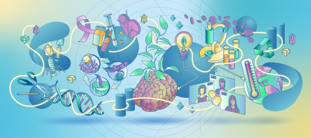 An illustration of a pencil, scissors, a DNA molecule, a fish, a bird, a penguin, medical supplies, a heart, a brain, leaves, a light bulb, a microscope, laboratory testing tubes, three screens depicting people in a virtual meeting, a thermometer, planet Earth and a recycling sign in front of a blue and yellow background.