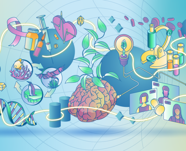 An illustration of a pencil, scissors, a DNA molecule, a fish, a bird, a penguin, medical supplies, a heart, a brain, leaves, a light bulb, a microscope, laboratory testing tubes, three screens depicting people in a virtual meeting, a thermometer, planet Earth and a recycling sign in front of a blue and yellow background.